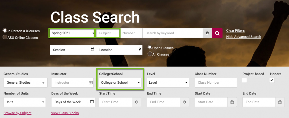 ASU Class search page