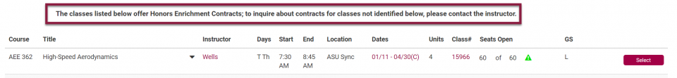 ASU Class search course list identifying honors courses